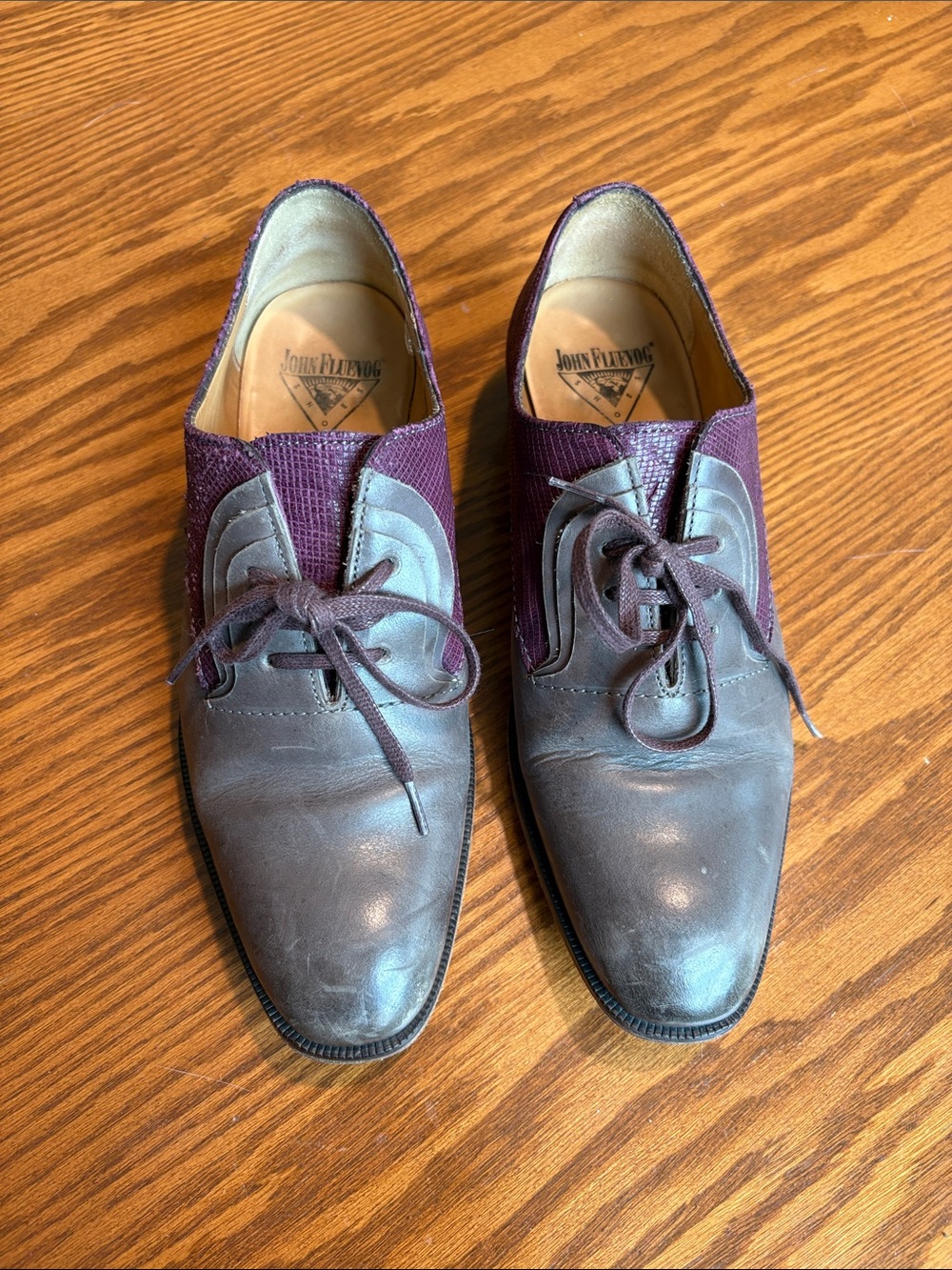 John Fluevog Gray and Purple Two-Tone Lace-Up Oxfords